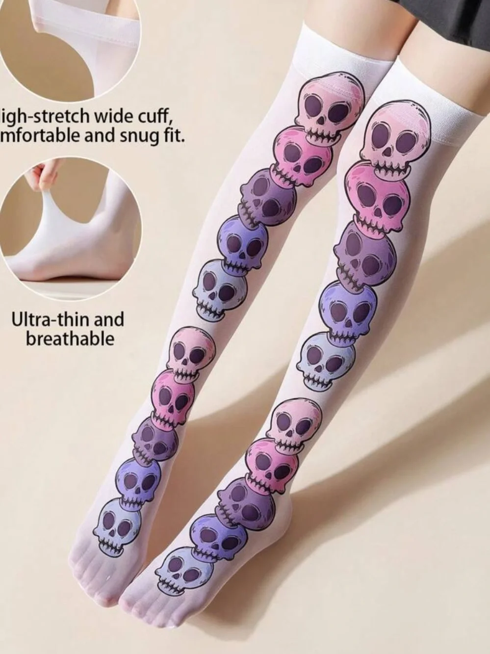 White Over-the-Knee Skull Print Thigh-High Socks - Pink & Purple